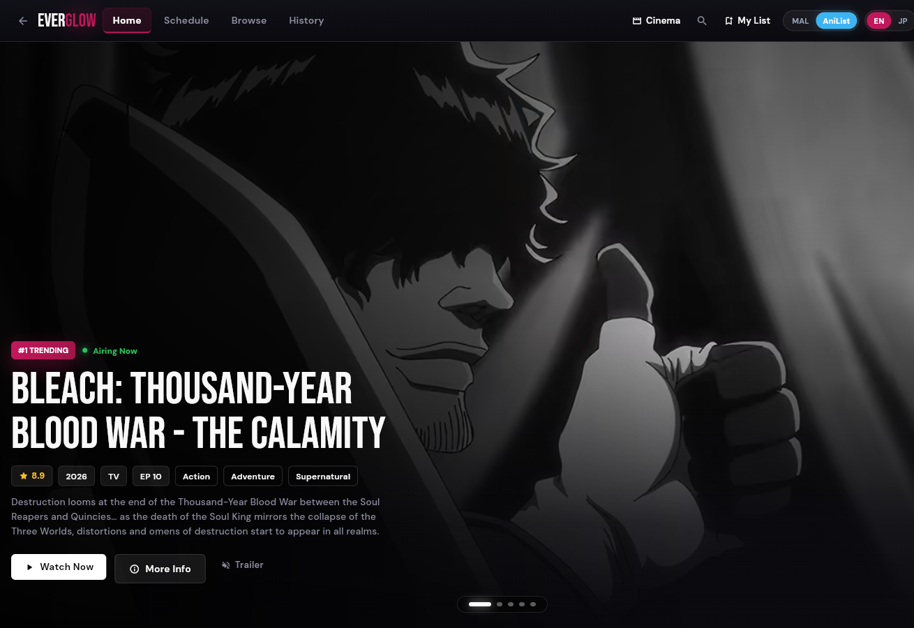 Everglow's anime homepage with a trending show in the hero, its rating, genres and Watch Now controls.
