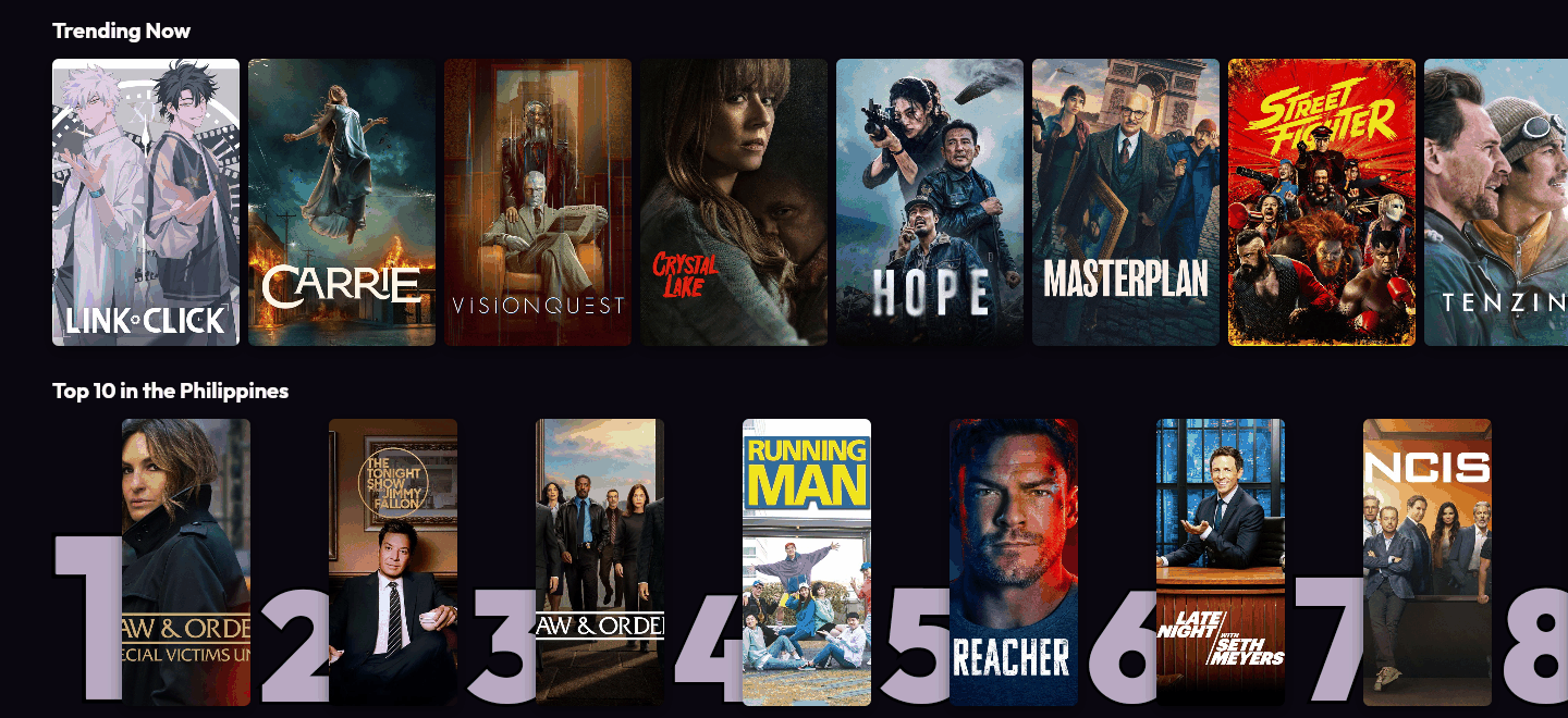 Everglow Cinema's homepage with a Trending Now row of film and series posters and the Top 10 in the Philippines.