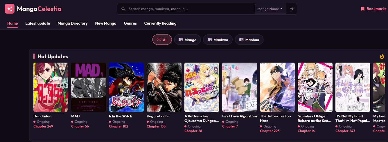 MangaCelestia's homepage with manga, manhwa and manhua filters and a Hot Updates row of covers.