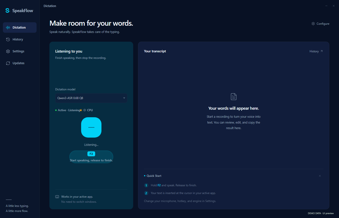 SpeakFlow showing its active Listening state, recording waveform and dictation model.