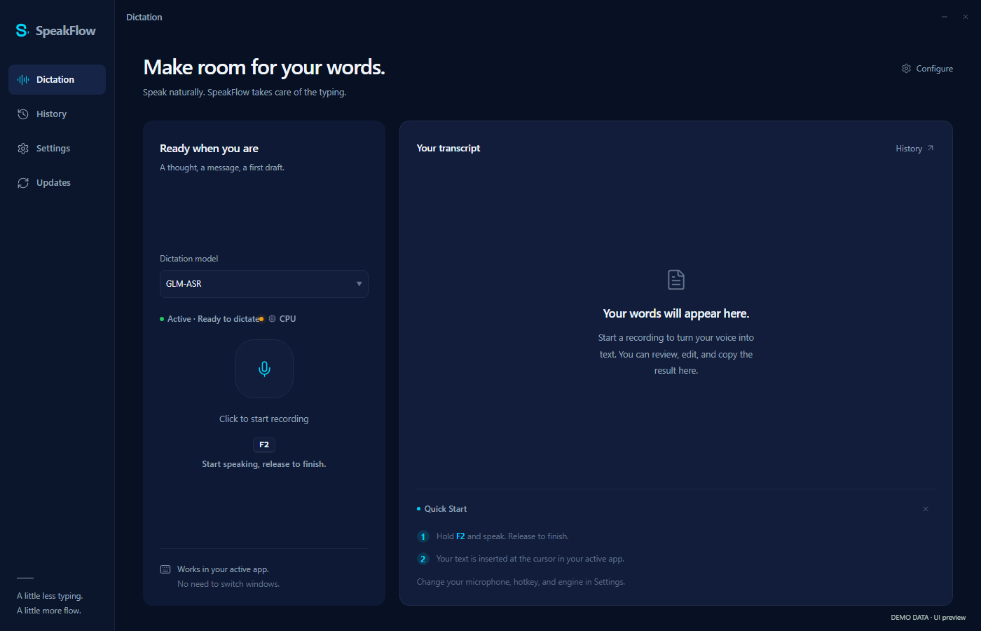 SpeakFlow with the cloud GLM-ASR engine selected in the Dictation model control.