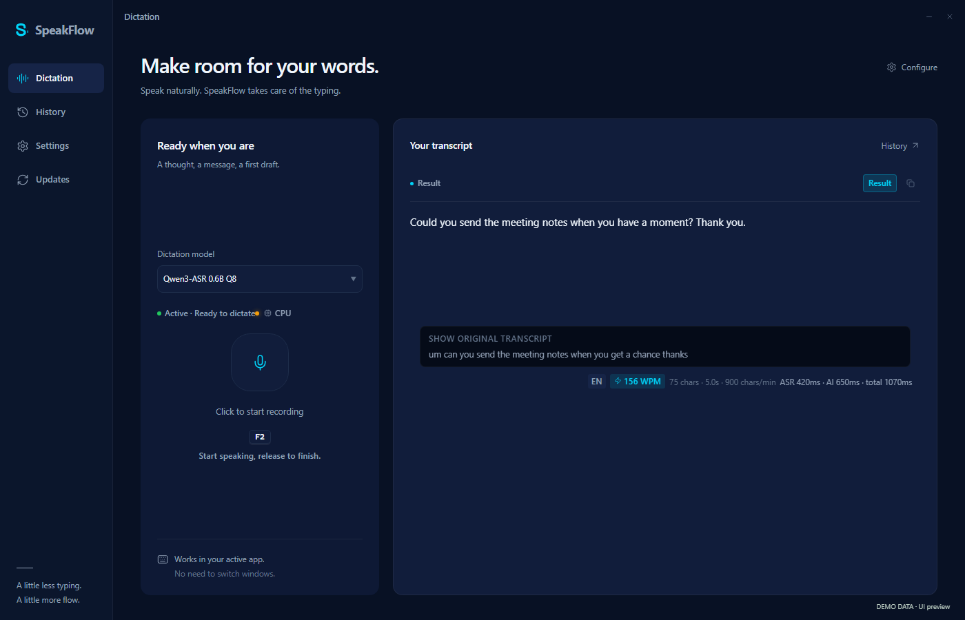 SpeakFlow displaying rewritten text and the original draft for comparison.