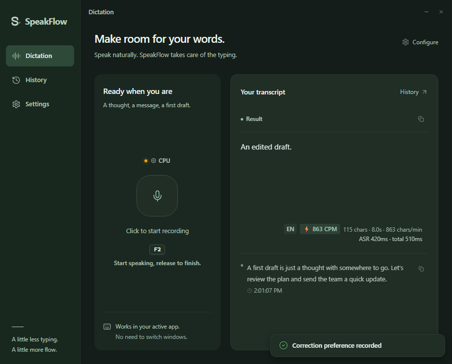 SpeakFlow's dark dictation workspace with recording controls and a transcript panel.